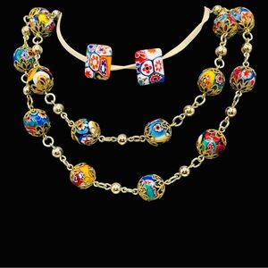 Vintage Long Venetian Millefiori Station Necklace Matching Clip Earrings